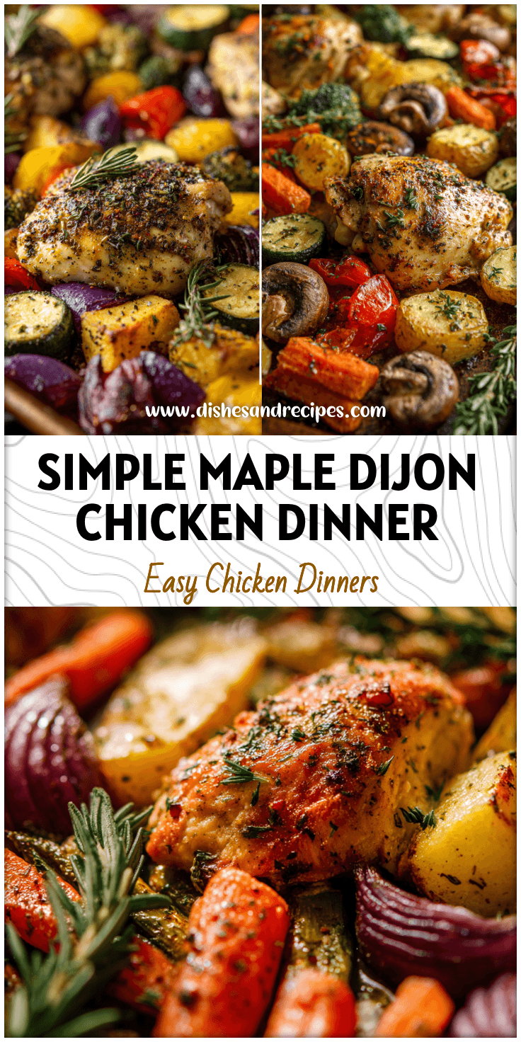 Sheet pan of maple dijon chicken with roasted vegetables, perfect for a healthy dairy free dinner.